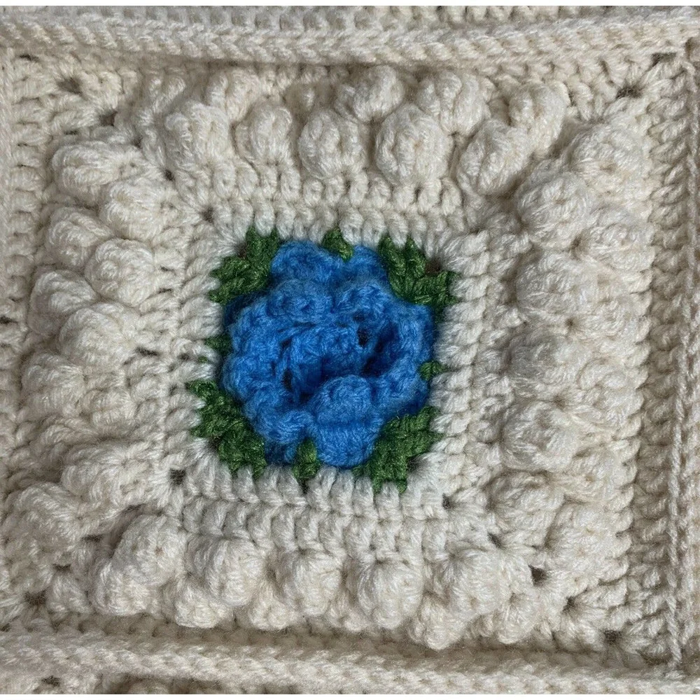 Handmade‎ Granny Square Afghan Throw Blanket Hand Crochet 3D Flowers 51